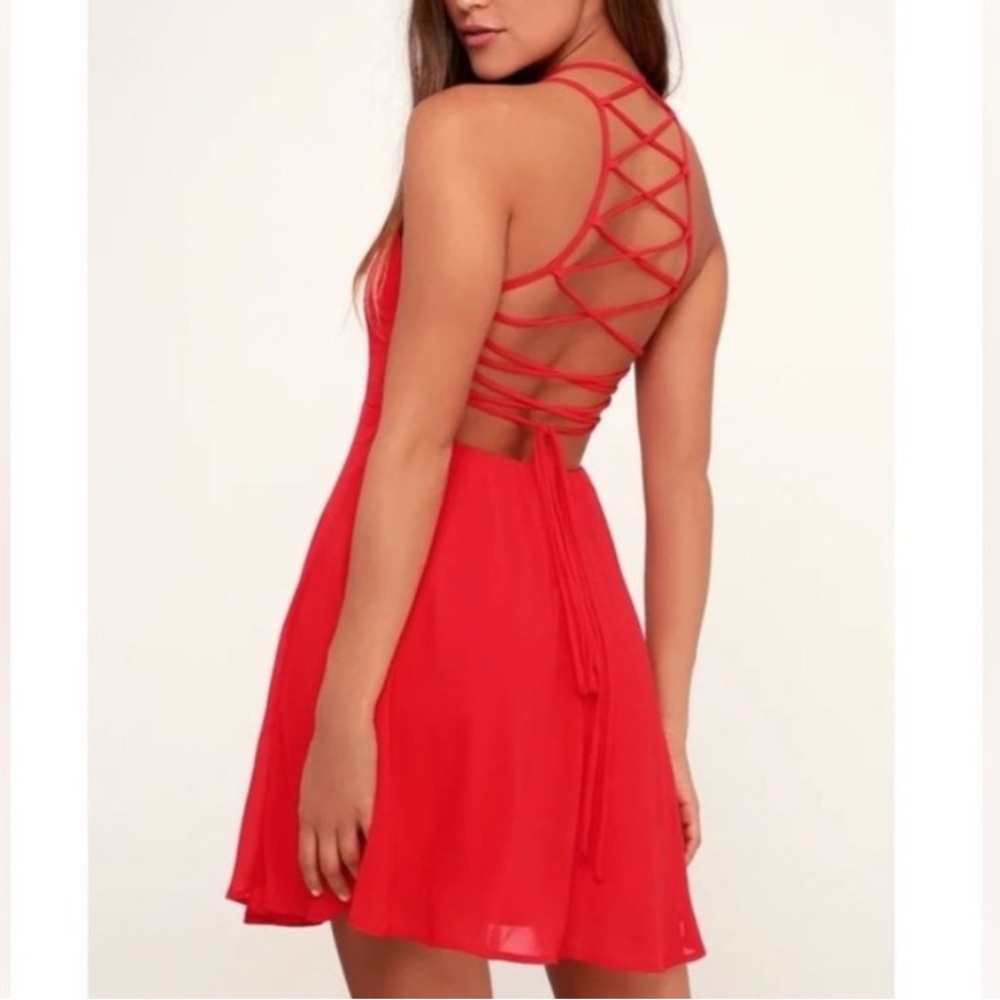 Lulu’s good deeds lace-up mini cocktail dress